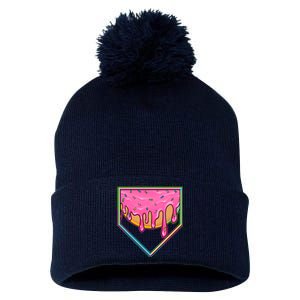 Dripping Pink Frosting Donut Baseball Diamond Home Plate Pom Pom 12in Knit Beanie