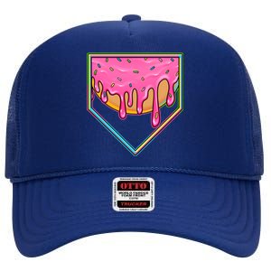 Dripping Pink Frosting Donut Baseball Diamond Home Plate High Crown Mesh Back Trucker Hat