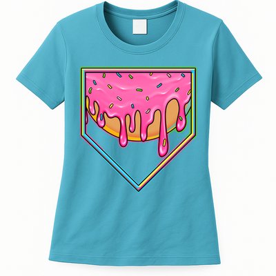 Dripping Pink Frosting Donut Baseball Diamond Home Plate Womens T-Shirt