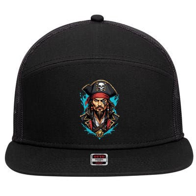 Detailed Pirate Face 7 Panel Mesh Trucker Snapback Hat