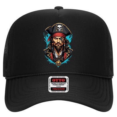 Detailed Pirate Face High Crown Mesh Back Trucker Hat