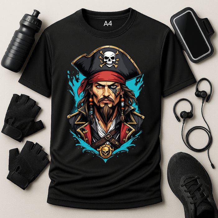 Detailed Pirate Face Cooling Performance Crew T-Shirt