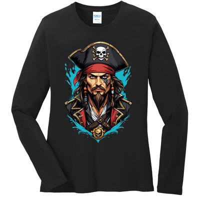Detailed Pirate Face Ladies Long Sleeve Shirt