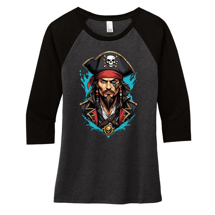 Detailed Pirate Face Women's Tri-Blend 3/4-Sleeve Raglan Shirt