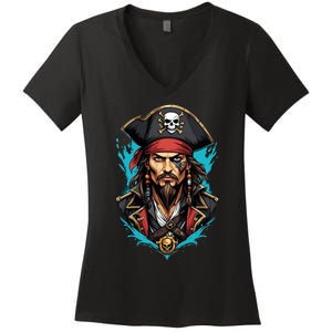 Detailed Pirate Face Women's V-Neck T-Shirt