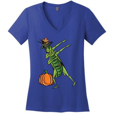 Dabbing Pilgrim Grasshopper Thanksgiving Gift Women's V-Neck T-Shirt