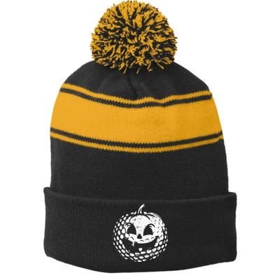 Distressed Pumpkin Golf Halloween Golf Player Stripe Pom Pom Beanie