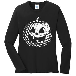 Distressed Pumpkin Golf Halloween Golf Player Ladies Long Sleeve Shirt