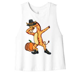 Dabbing Pilgrim Giraffe Thanksgiving Gift Women's Racerback Cropped Tank