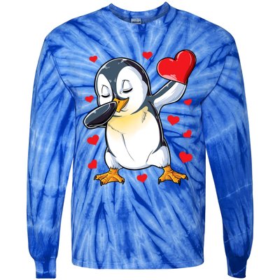 Dabbing Penguin Heart Valentines Day Bird Lovers Gift Tie-Dye Long Sleeve Shirt