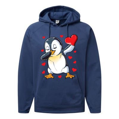 Dabbing Penguin Heart Valentines Day Bird Lovers Gift Performance Fleece Hoodie