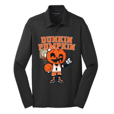 Dunkin Pumpkin Halloween Costume Funny Pumpkin Basketball Silk Touch Performance Long Sleeve Polo