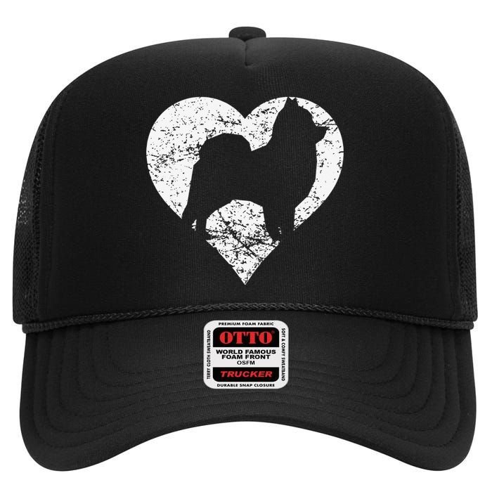 Distressed Pomeranian Heart Dog Owner Graphic High Crown Mesh Back Trucker Hat