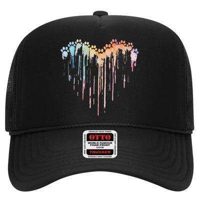 Dog Paws Heart Colorful. Watercolor Heart Dogs Paw Rainbow High Crown Mesh Back Trucker Hat