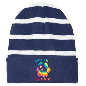 Dog Paw Heartbeat Gift Funny This Is My Peace Sign Gift Striped Beanie with Solid Band