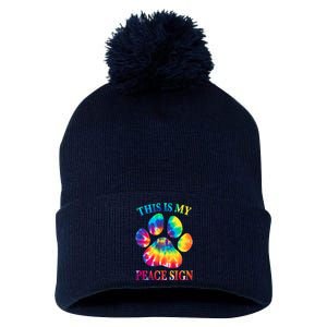 Dog Paw Heartbeat Gift Funny This Is My Peace Sign Gift Pom Pom 12in Knit Beanie