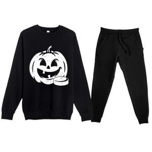 Distressed Pumpkin Hockey Halloween Hockey Player Gift Premium Crewneck Sweatsuit Set