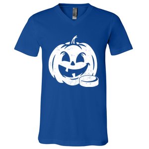 Distressed Pumpkin Hockey Halloween Hockey Player Gift V-Neck T-Shirt