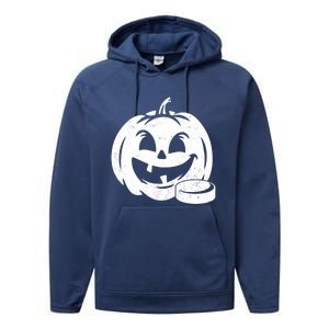 Distressed Pumpkin Hockey Halloween Hockey Player Gift Performance Fleece Hoodie