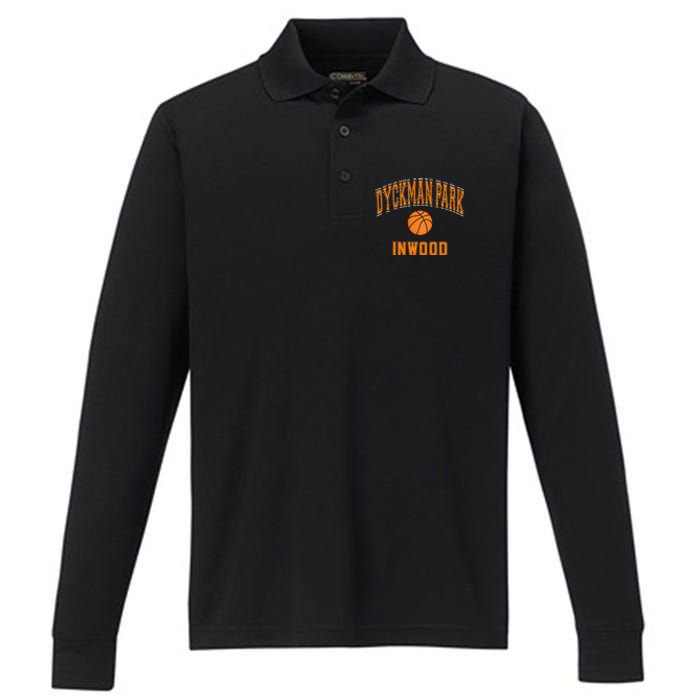 Dyckman Park Inwood Text Basketball Orange Print Performance Long Sleeve Polo