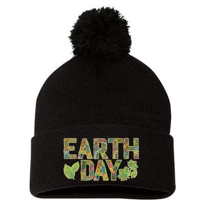 Decorative Pattern Letters Earth Day Pom Pom 12in Knit Beanie