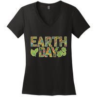 Decorative Pattern Letters Earth Day Women's V-Neck T-Shirt
