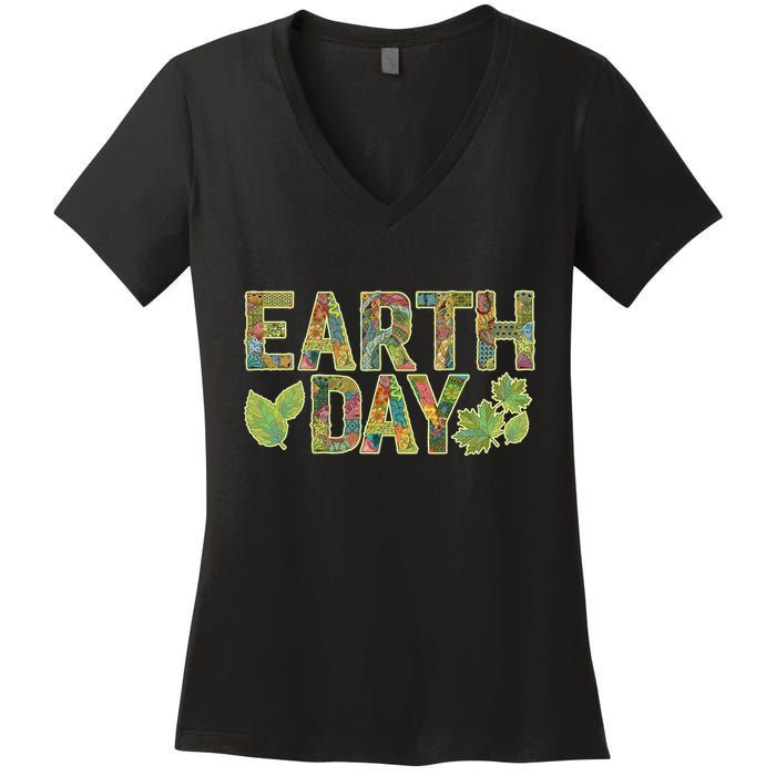 Decorative Pattern Letters Earth Day Women's V-Neck T-Shirt
