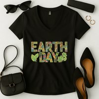 Decorative Pattern Letters Earth Day Women's V-Neck T-Shirt