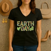Decorative Pattern Letters Earth Day Women's V-Neck T-Shirt