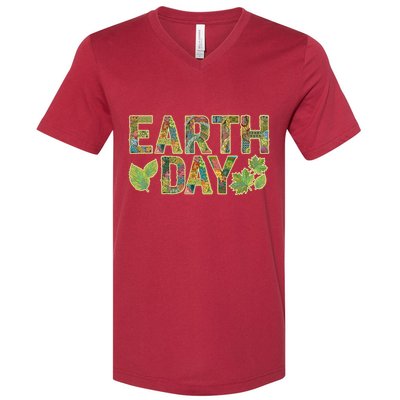 Decorative Pattern Letters Earth Day V-Neck T-Shirt