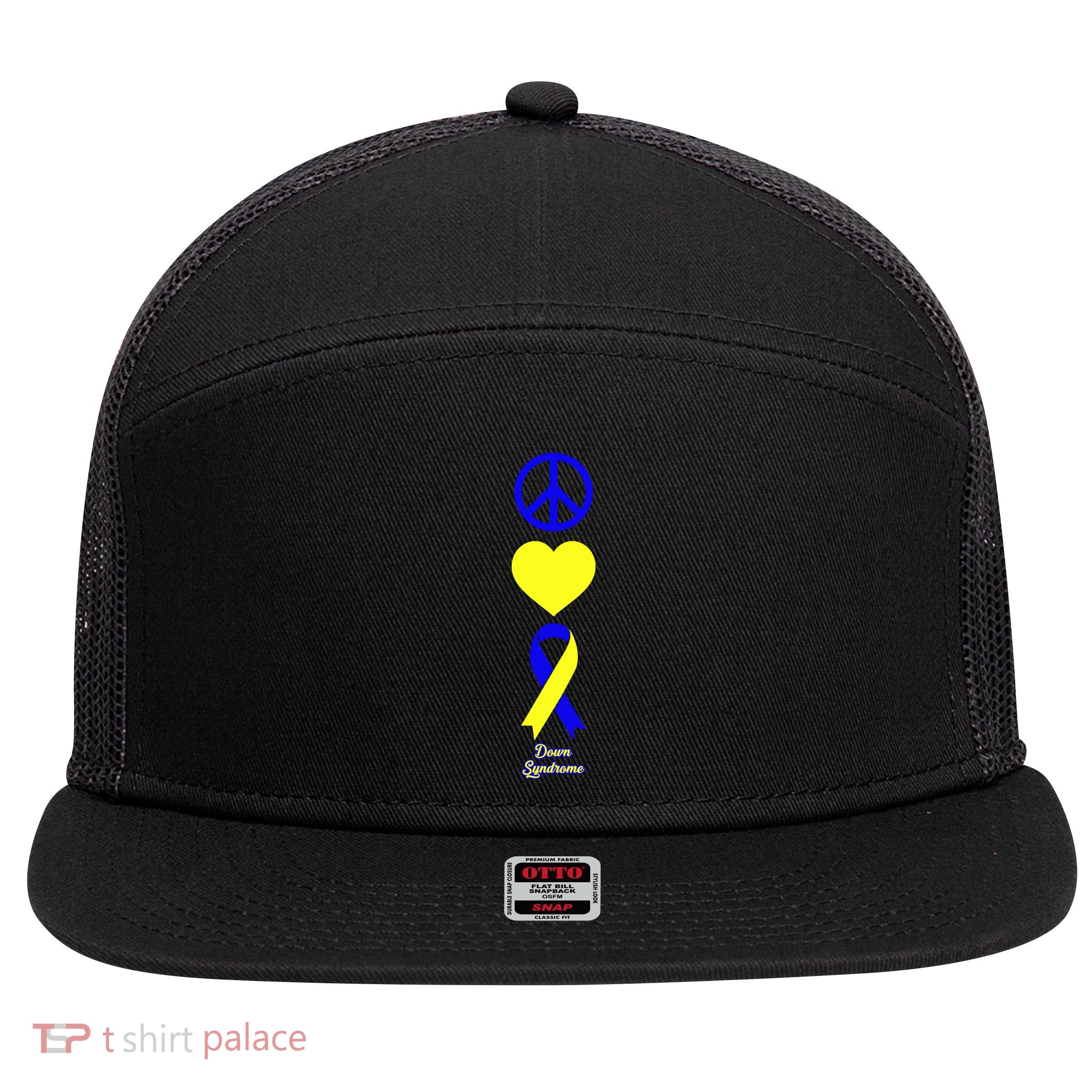 Down Syndrome Peace And Love Ribbon 7 Panel Mesh Trucker Snapback Hat
