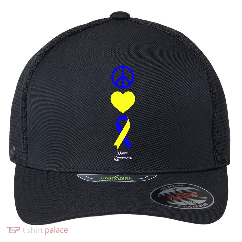 Down Syndrome Peace And Love Ribbon Flexfit Unipanel Trucker Cap