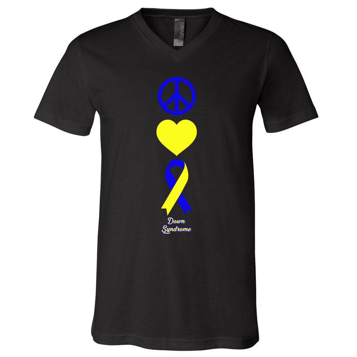 Down Syndrome Peace And Love Ribbon V-Neck T-Shirt