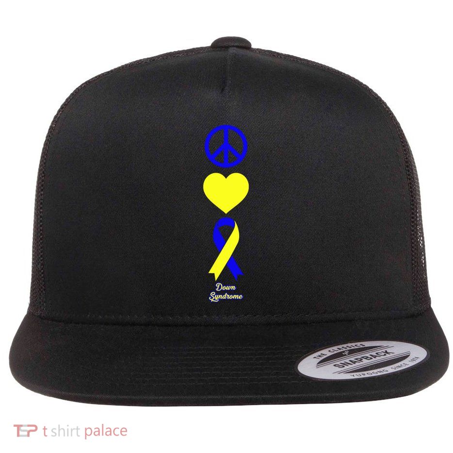 Down Syndrome Peace And Love Ribbon Flat Bill Trucker Hat