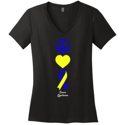 Down Syndrome Peace And Love Ribbon Women's V-Neck T-Shirt