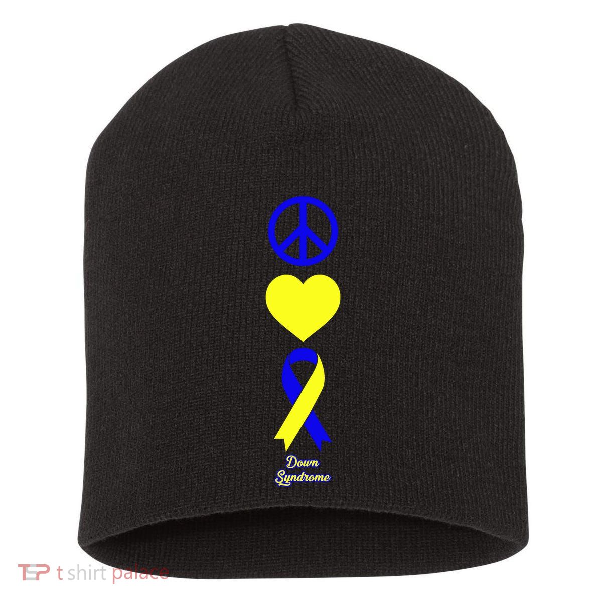 Down Syndrome Peace And Love Ribbon Short Acrylic Beanie