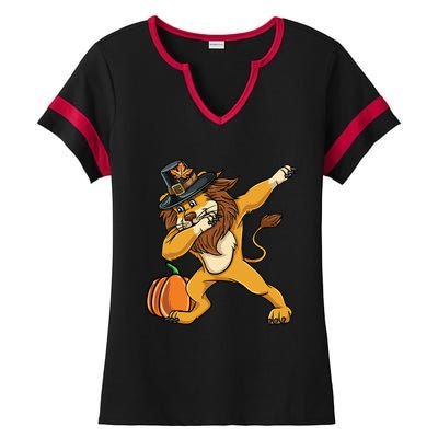 Dabbing Pilgrim Lion Thanksgiving Gift Ladies Halftime Notch Neck Tee