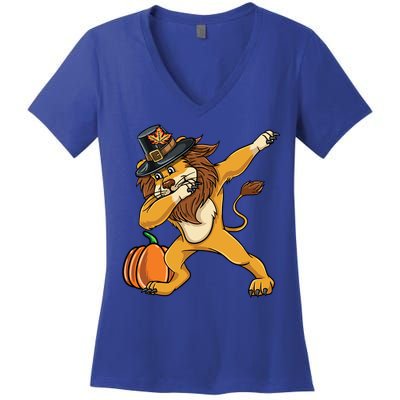 Dabbing Pilgrim Lion Thanksgiving Gift Women's V-Neck T-Shirt