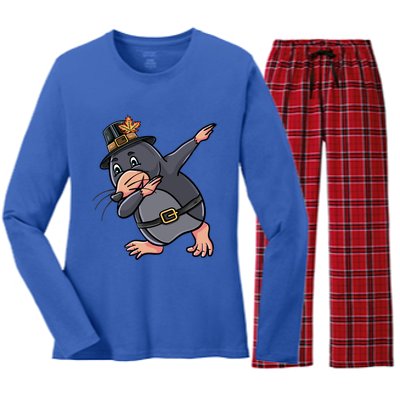 Dabbing Pilgrim Mole Thanksgiving Mole Gift Women's Long Sleeve Flannel Pajama Set 