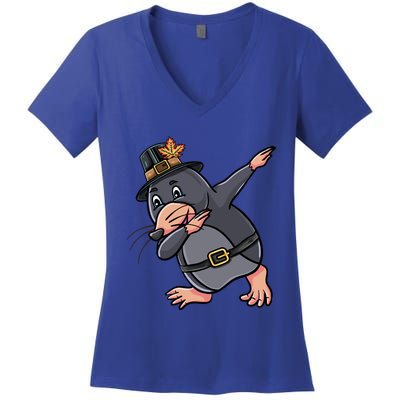 Dabbing Pilgrim Mole Thanksgiving Mole Gift Women's V-Neck T-Shirt