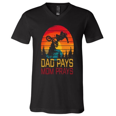 Dad Pays Mom Prays Dirt Bike Retro Motocross V-Neck T-Shirt