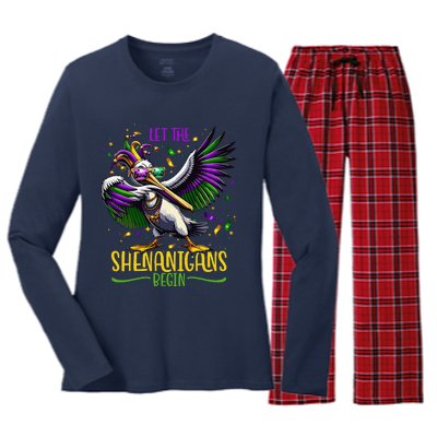 Dabbing Pelikan Mardi Gras Costume Let The Shenanigans Begin Women's Long Sleeve Flannel Pajama Set 