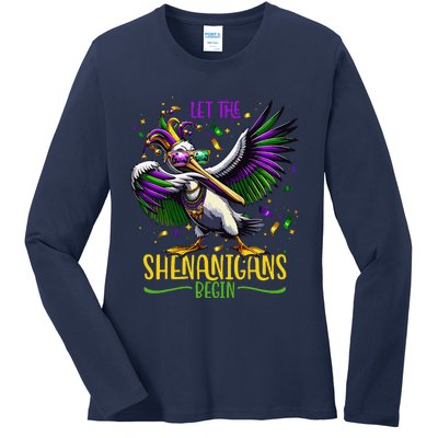 Dabbing Pelikan Mardi Gras Costume Let The Shenanigans Begin Ladies Long Sleeve Shirt