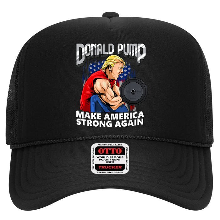 Donald Pump Make America Strong Again Weight Lifting Gym High Crown Mesh Back Trucker Hat