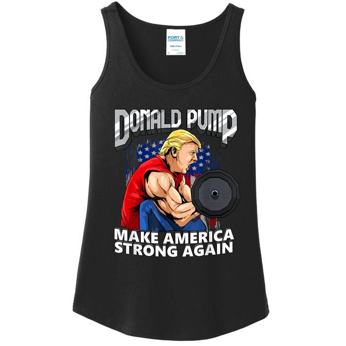 Donald Pump Make America Strong Again Weight Lifting Gym Ladies Essential Tank