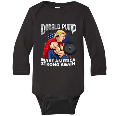 Donald Pump Make America Strong Again Weight Lifting Gym Baby Long Sleeve Bodysuit