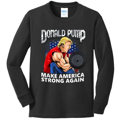 Donald Pump Make America Strong Again Weight Lifting Gym Kids Long Sleeve Shirt