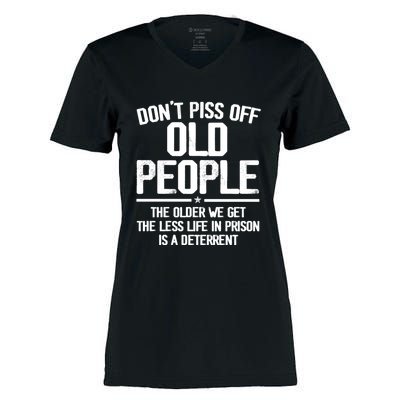 Don't Piss Off Old People The Older We Get The Less Life In Prison Is A Deterren Women's Momentum V-Neck T-Shirt