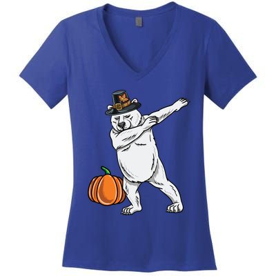 Dabbing Pilgrim Polar Bear Thanksgiving Gift Women's V-Neck T-Shirt