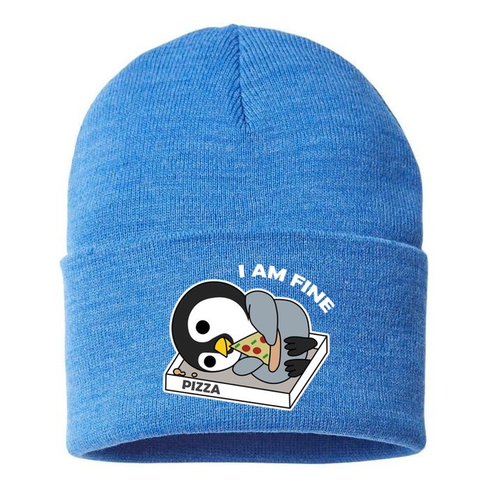 Depressed Pizza Penguin Great Gift I Am Fine Gift Sustainable Knit Beanie